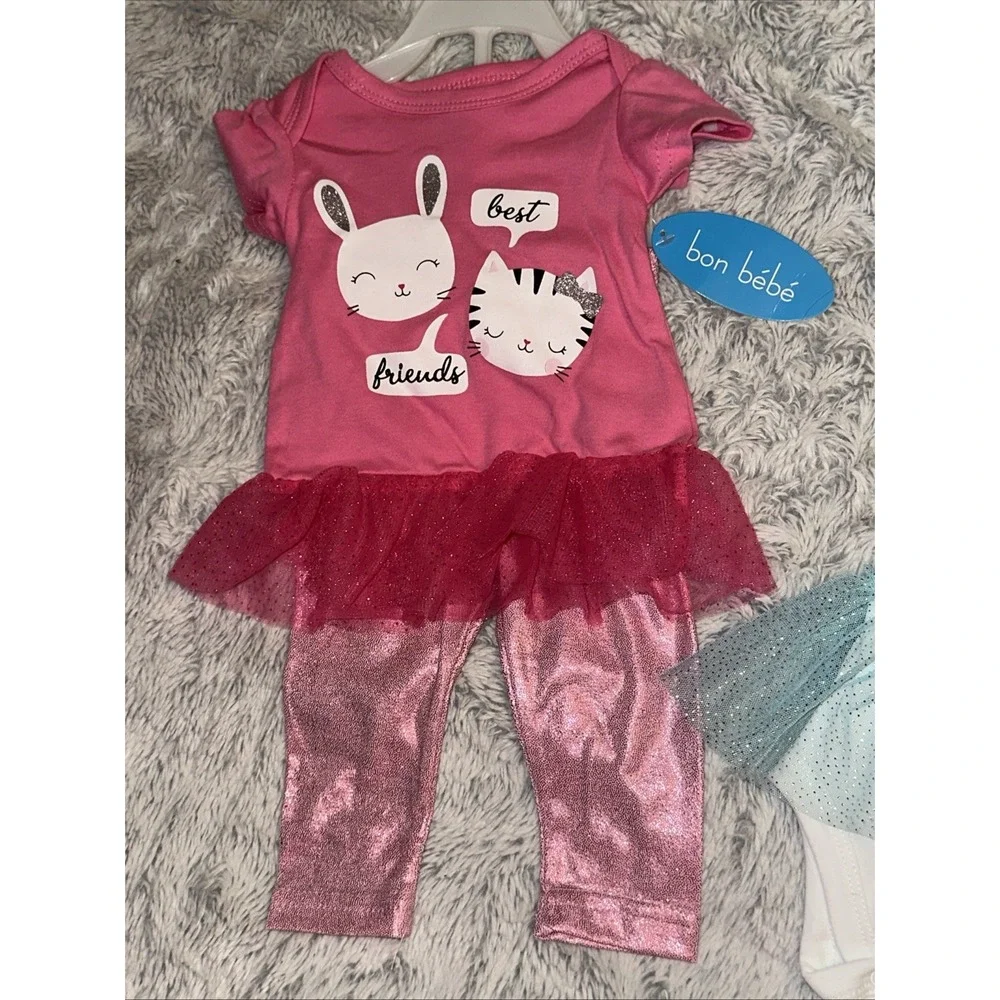 Bon‎ BeBe Size 0-3 Months Girls 3pc Pants Top Bib kitty Set Mermaid Tutu NWT